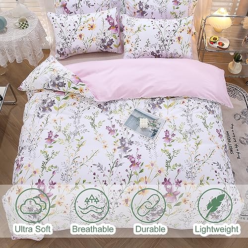 URBONUR Floral Duvet Cover Set King Size 3-Pieces Egyptian Cotton Percale Sateen Bedding Set Garden Shabby Flowers Comforter Cover, Soft Breathable Durable Duvet Covers with Button Closure