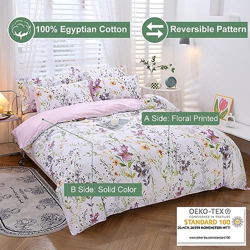 URBONUR Floral Duvet Cover Set King Size 3-Pieces Egyptian Cotton Percale Sateen Bedding Set Garden Shabby Flowers Comforter Cover, Soft Breathable Durable Duvet Covers with Button Closure