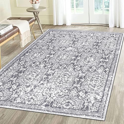 Vaukki Living Room Rug, Vintage Shaggy Soft Laundry Rug, Non Slip Kitchen Area Mat, Washable Farmhouse Bedroom Area Carpet for Bathroom, Kitchen and Kidsroom(4'x6', Grey)