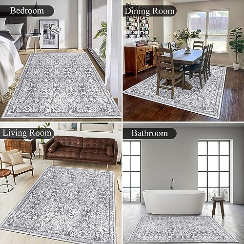 Vaukki Living Room Rug, Vintage Shaggy Soft Laundry Rug, Non Slip Kitchen Area Mat, Washable Farmhouse Bedroom Area Carpet for Bathroom, Kitchen and Kidsroom(4'x6', Grey)