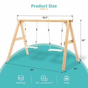 Heavy Duty Wooden Swing Frame for Kids, Upgraded A-Frame Porch Swing Bench Stand for Indoor Outdoor with 2 Pinch Free Belt Swings