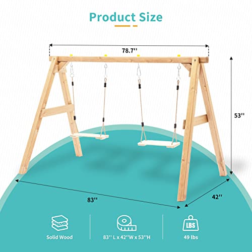 Heavy Duty Wooden Swing Frame for Kids, Upgraded A-Frame Porch Swing Bench Stand for Indoor Outdoor with 2 Pinch Free Belt Swings