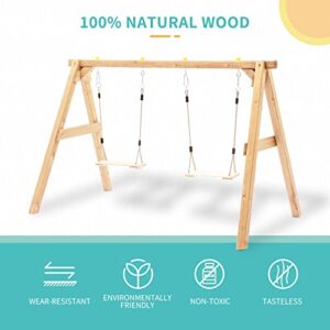 Heavy Duty Wooden Swing Frame for Kids, Upgraded A-Frame Porch Swing Bench Stand for Indoor Outdoor with 2 Pinch Free Belt Swings