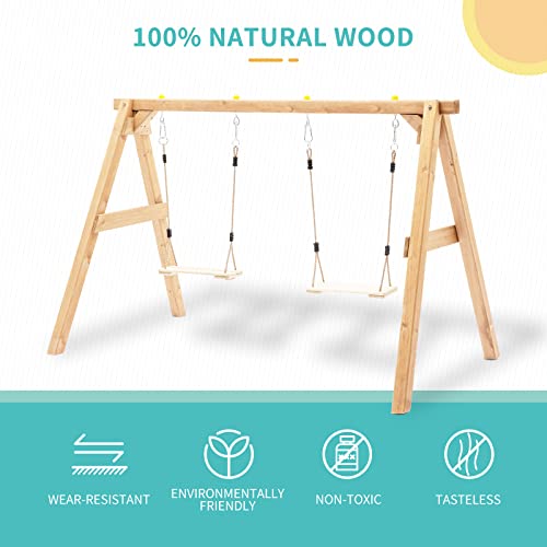 Heavy Duty Wooden Swing Frame for Kids, Upgraded A-Frame Porch Swing Bench Stand for Indoor Outdoor with 2 Pinch Free Belt Swings