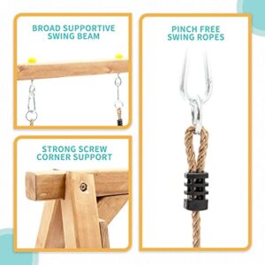 Heavy Duty Wooden Swing Frame for Kids, Upgraded A-Frame Porch Swing Bench Stand for Indoor Outdoor with 2 Pinch Free Belt Swings