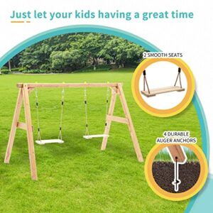 Heavy Duty Wooden Swing Frame for Kids, Upgraded A-Frame Porch Swing Bench Stand for Indoor Outdoor with 2 Pinch Free Belt Swings