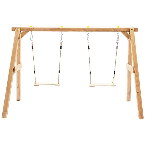 Heavy Duty Wooden Swing Frame for Kids, Upgraded A-Frame Porch Swing Bench Stand for Indoor Outdoor with 2 Pinch Free Belt Swings