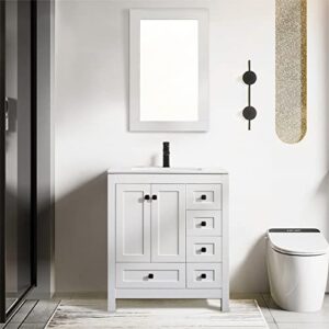 eclife 30'' bathroom vanities cabinet with sink combo set, undermount ceramic sink w/thickened wood, matte black faucet, high-definition mirror,white