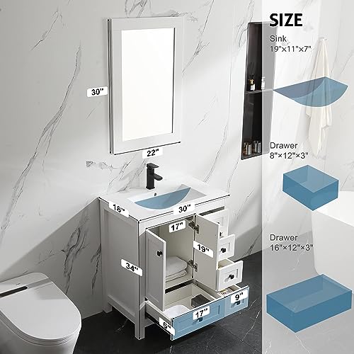 eclife 30'' Bathroom Vanities Cabinet with Sink Combo Set, Undermount Ceramic Sink w/Thickened Wood, Matte Black Faucet, High-Definition Mirror,White