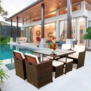 LJMXG 9 Piece Patio Dining Sets Outdoor Space Saving Rattan Chairs with Glass Table Patio Furniture Sets Padded.