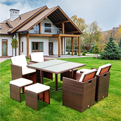 LJMXG 9 Piece Patio Dining Sets Outdoor Space Saving Rattan Chairs with Glass Table Patio Furniture Sets Padded.