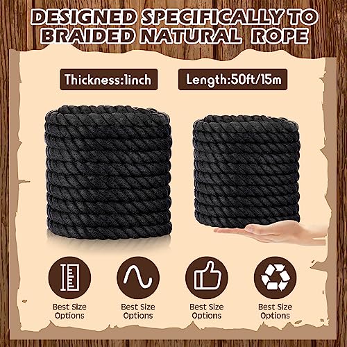 Jenaai Twisted Cotton Rope 1 Inch x 50 Feet Triple Strand Rope Soft Thick Rope Black Rope for Indoor Outdoor Use, Crafts, Decoration, Plant Hanger and More