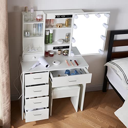 Buildonely Hollywood Makeup Vanity with 6 Drawers and 6 Display Shelves, White Vanity Set with USB Charging Station, Dressing Desk Set with Cushion Stool and Lighted Mirror for Girls and Teens.