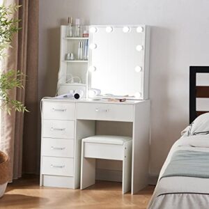 Buildonely Hollywood Makeup Vanity with 6 Drawers and 6 Display Shelves, White Vanity Set with USB Charging Station, Dressing Desk Set with Cushion Stool and Lighted Mirror for Girls and Teens.