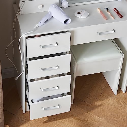 Buildonely Hollywood Makeup Vanity with 6 Drawers and 6 Display Shelves, White Vanity Set with USB Charging Station, Dressing Desk Set with Cushion Stool and Lighted Mirror for Girls and Teens.