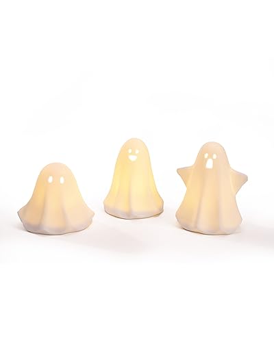 DN DECONATION Cute Ceramic Light Up Ghost Decor, 3PCS Ghost Halloween Decor White Spooky Sculptures, Small Led Ghost Figurines for Indoor Halloween Party Desk Tabletop Centerpieces Decoration