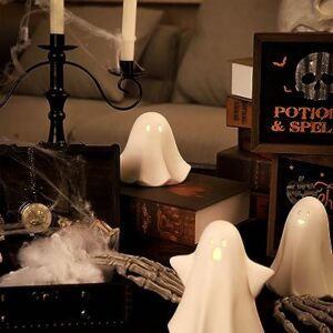 DN DECONATION Cute Ceramic Light Up Ghost Decor, 3PCS Ghost Halloween Decor White Spooky Sculptures, Small Led Ghost Figurines for Indoor Halloween Party Desk Tabletop Centerpieces Decoration