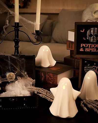 DN DECONATION Cute Ceramic Light Up Ghost Decor, 3PCS Ghost Halloween Decor White Spooky Sculptures, Small Led Ghost Figurines for Indoor Halloween Party Desk Tabletop Centerpieces Decoration