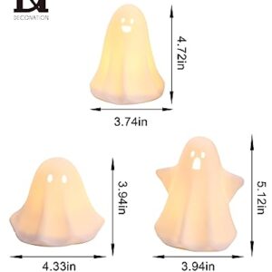 DN DECONATION Cute Ceramic Light Up Ghost Decor, 3PCS Ghost Halloween Decor White Spooky Sculptures, Small Led Ghost Figurines for Indoor Halloween Party Desk Tabletop Centerpieces Decoration