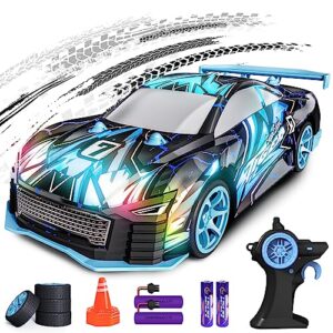 tecnock rc drift car for kids, 2.4ghz 4wd remote control car for boys 8-12, 1/24 rc car with lights and replacement tires, toy car gifts for boys girls,blue
