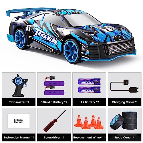 Tecnock Rc Drift Car for Kids, 2.4GHz 4WD Remote Control Car for Boys 8-12, 1/24 Rc Car with Lights and Replacement Tires, Toy Car Gifts for Boys Girls,Blue