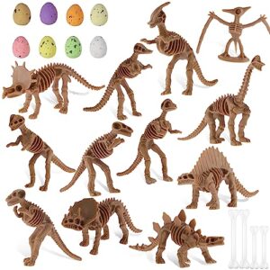 24 Pcs Dinosaur Fossil Skeleton Dino Bones Dino Sand Dig Colorful Foam Dinosaur Eggs and 4 White Plastic Bones Toys for Kids Science Play Dino Sand Dig Halloween Party Decor Supplies (Dark)