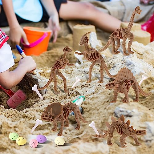 24 Pcs Dinosaur Fossil Skeleton Dino Bones Dino Sand Dig Colorful Foam Dinosaur Eggs and 4 White Plastic Bones Toys for Kids Science Play Dino Sand Dig Halloween Party Decor Supplies (Dark)