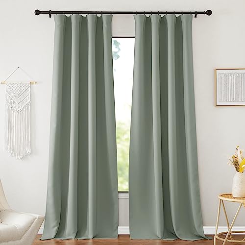 NICETOWN Sage Green Blackout Curtains 95 inches Long 2 Panels, Pinch Pleated Thermal Curtain Sound Proof Thick Window Drapes for Boys Bedroom/Office/Living Room, W52 x L95