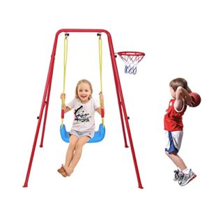 color tree kids swing sets for backyard - 2 in 1 metal swing set + basketball hoop - toddlers swing seat playset for outside and inside - boys girls