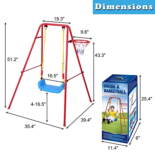 COLOR TREE Kids Swing Sets for Backyard - 2 in 1 Metal Swing Set + Basketball Hoop - Toddlers Swing Seat Playset for Outside and Inside - Boys Girls