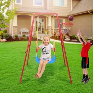 COLOR TREE Kids Swing Sets for Backyard - 2 in 1 Metal Swing Set + Basketball Hoop - Toddlers Swing Seat Playset for Outside and Inside - Boys Girls