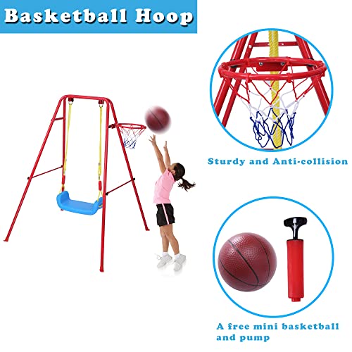 COLOR TREE Kids Swing Sets for Backyard - 2 in 1 Metal Swing Set + Basketball Hoop - Toddlers Swing Seat Playset for Outside and Inside - Boys Girls