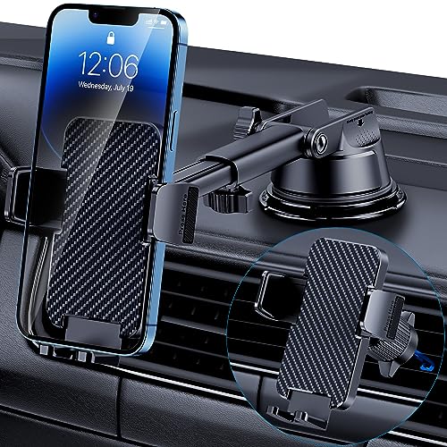 Phone Holder Car [Military Grade Suction Ultra Strong Base] Cell Phone Car Holder 3 in 1 Phone Mount for Car Dashboard Windshield Air Vent Hands-Free Car Phone Holders for iPhone Android Phones