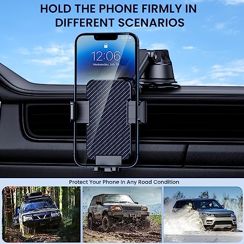 Phone Holder Car [Military Grade Suction Ultra Strong Base] Cell Phone Car Holder 3 in 1 Phone Mount for Car Dashboard Windshield Air Vent Hands-Free Car Phone Holders for iPhone Android Phones