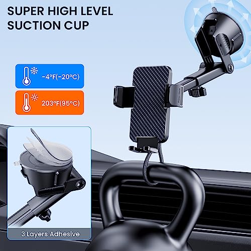 Phone Holder Car [Military Grade Suction Ultra Strong Base] Cell Phone Car Holder 3 in 1 Phone Mount for Car Dashboard Windshield Air Vent Hands-Free Car Phone Holders for iPhone Android Phones