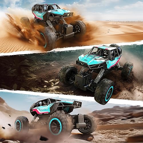 DEERC 1:12 Remote Control Car with Metal Shell, 4WD Off Road Monster Truck, Dual Motors LED Headlight RC Rock Crawler, 2.4Ghz All Terrain Hobby RC Cars Toys for Boys Kids Adults Gifts (W/2 Batteries)