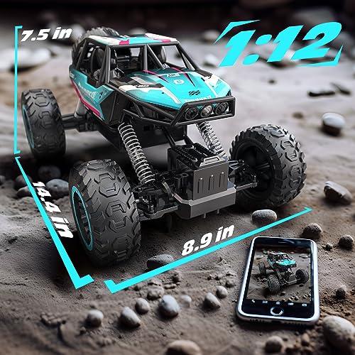 DEERC 1:12 Remote Control Car with Metal Shell, 4WD Off Road Monster Truck, Dual Motors LED Headlight RC Rock Crawler, 2.4Ghz All Terrain Hobby RC Cars Toys for Boys Kids Adults Gifts (W/2 Batteries)