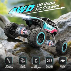 DEERC 1:12 Remote Control Car with Metal Shell, 4WD Off Road Monster Truck, Dual Motors LED Headlight RC Rock Crawler, 2.4Ghz All Terrain Hobby RC Cars Toys for Boys Kids Adults Gifts (W/2 Batteries)