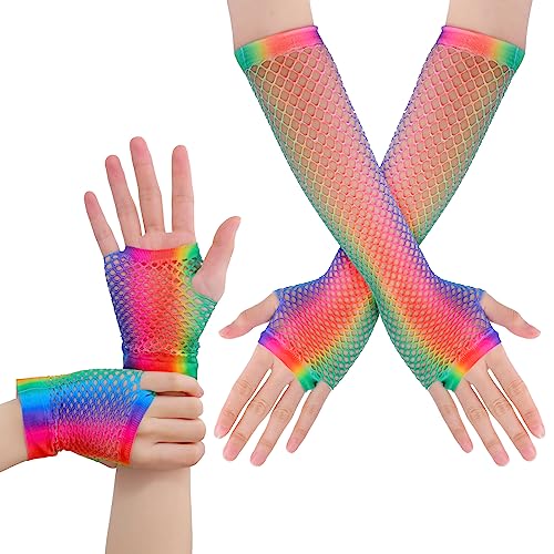 Yolev Rainbow Fingerless Fishnet Gloves 2 Pairs Long Fishnet Mesh Fingerless Gloves 80s Short Fishnet Gloves 80s 90s Party Cosplay Costume Accessories for Women and Girls