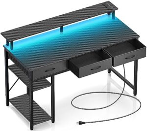 rolanstar computer desk with power outlets & led light, 47 inch home office desk with 3 drawers and storage shelves, writing desk with monitor stand, modern work desk for home office, carbon black