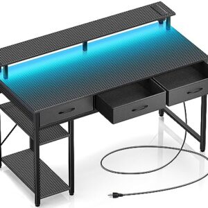 Rolanstar Computer Desk with Power Outlets & LED Light, 47 inch Home Office Desk with 3 Drawers and Storage Shelves, Writing Desk with Monitor Stand, Modern Work Desk for Home Office, Carbon Black