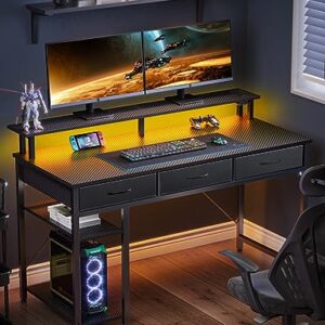 Rolanstar Computer Desk with Power Outlets & LED Light, 47 inch Home Office Desk with 3 Drawers and Storage Shelves, Writing Desk with Monitor Stand, Modern Work Desk for Home Office, Carbon Black