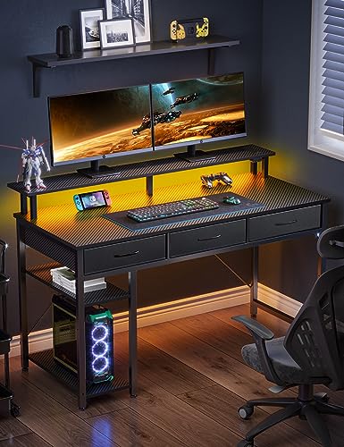 Rolanstar Computer Desk with Power Outlets & LED Light, 47 inch Home Office Desk with 3 Drawers and Storage Shelves, Writing Desk with Monitor Stand, Modern Work Desk for Home Office, Carbon Black