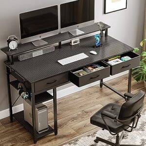 Rolanstar Computer Desk with Power Outlets & LED Light, 47 inch Home Office Desk with 3 Drawers and Storage Shelves, Writing Desk with Monitor Stand, Modern Work Desk for Home Office, Carbon Black