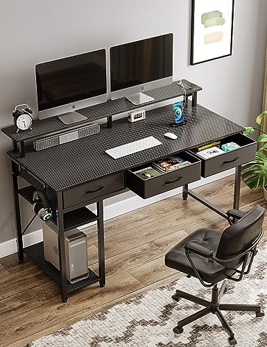 Rolanstar Computer Desk with Power Outlets & LED Light, 47 inch Home Office Desk with 3 Drawers and Storage Shelves, Writing Desk with Monitor Stand, Modern Work Desk for Home Office, Carbon Black