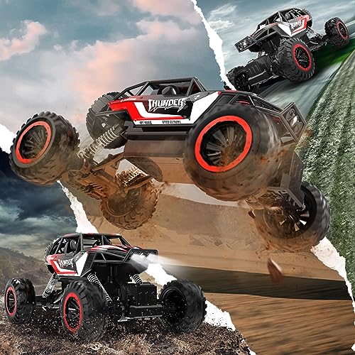 DEERC 1:12 Remote Control Car with Metal Shell, 4WD Off Road Monster Truck, Dual Motors LED Headlight RC Rock Crawler, 2.4Ghz All Terrain Hobby RC Cars Toys for Boys Kids Adults Gifts (W/2 Batteries)