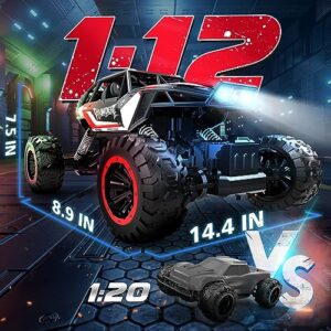 DEERC 1:12 Remote Control Car with Metal Shell, 4WD Off Road Monster Truck, Dual Motors LED Headlight RC Rock Crawler, 2.4Ghz All Terrain Hobby RC Cars Toys for Boys Kids Adults Gifts (W/2 Batteries)