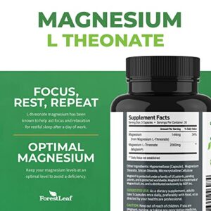 Magnesium L-Threonate Capsules - 2000mg Original Magtein Formula - Patented & Clinically Studied Magnesium Supplement for Focus, Memory, Brain & Sleep Support, Mag Threonate for Women & Men (90 Count)