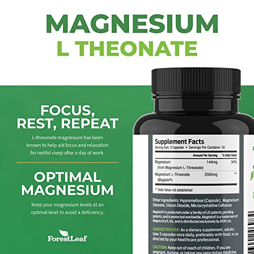 Magnesium L-Threonate Capsules - 2000mg Original Magtein Formula - Patented & Clinically Studied Magnesium Supplement for Focus, Memory, Brain & Sleep Support, Mag Threonate for Women & Men (90 Count)