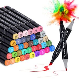art markers, 40 colors alcohol based ink dual tip permanent markers pen set with case for kids artist coloring drawing sketching designing outlining marking book, broad&fine point